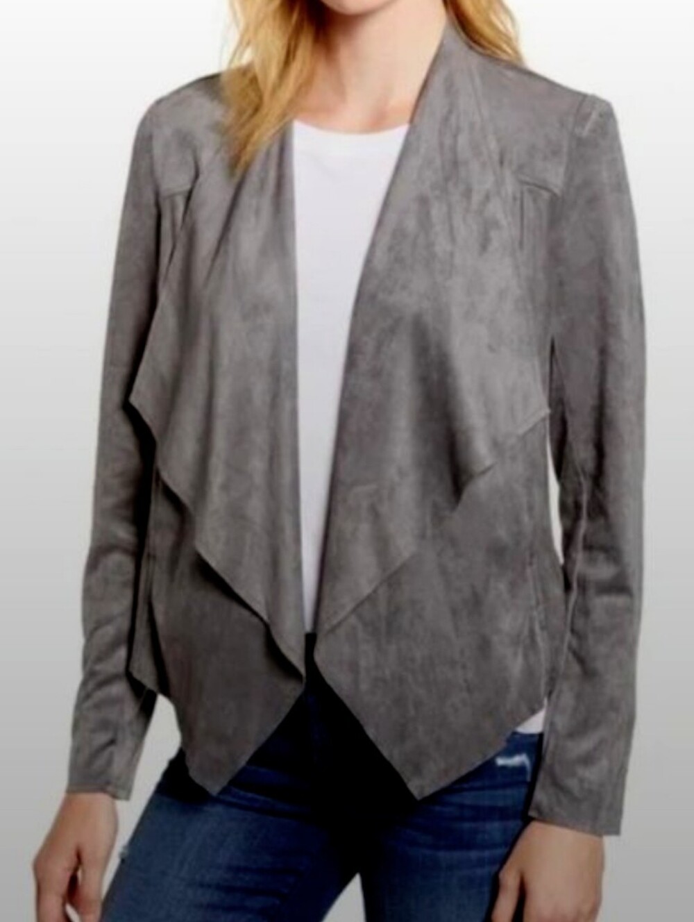 Kut from the Kloth Tayanita Faux Suede Asymmetrical Drape Open Front Jacket Grey